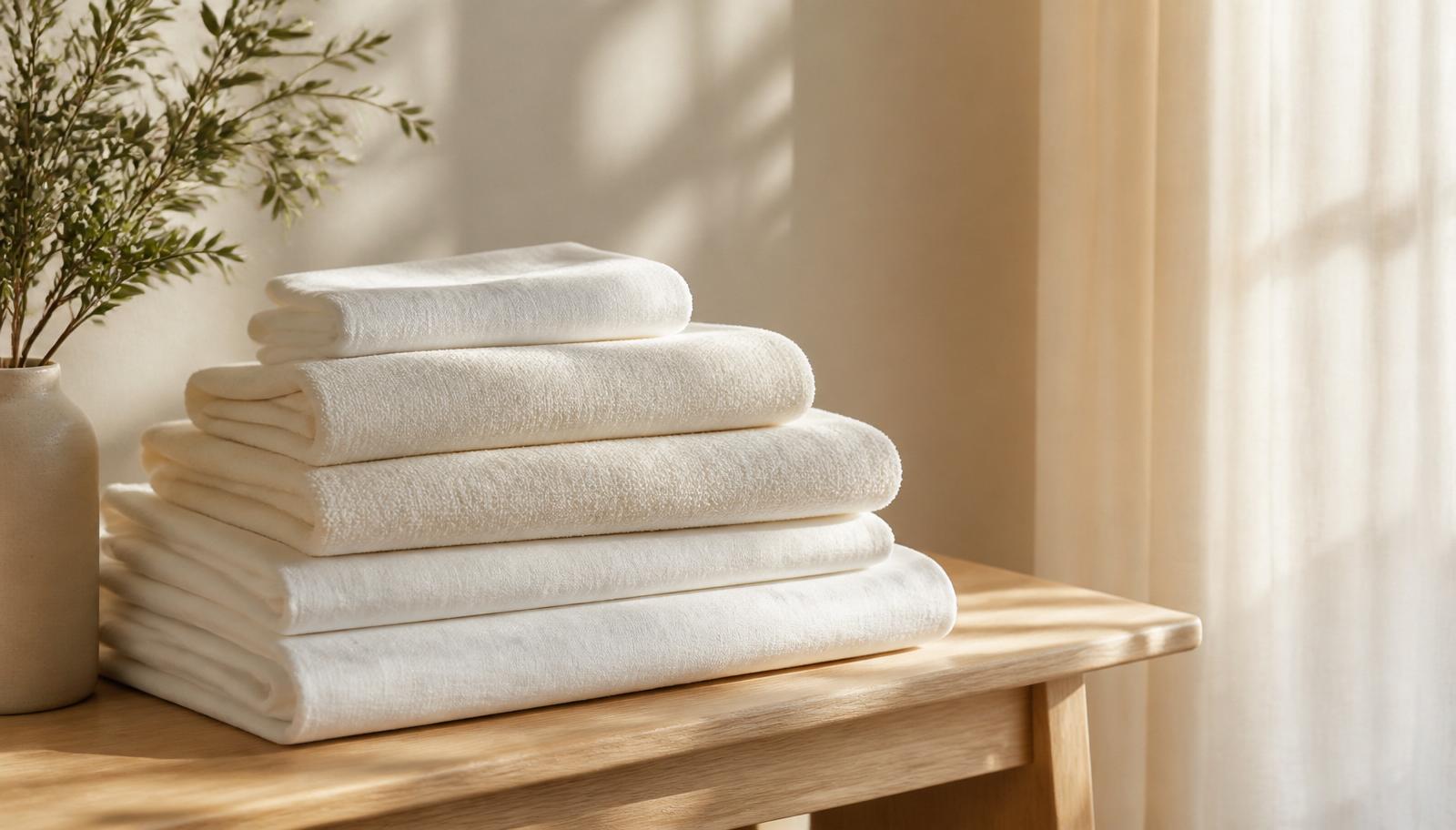 Neatly folded white linens in warm natural light