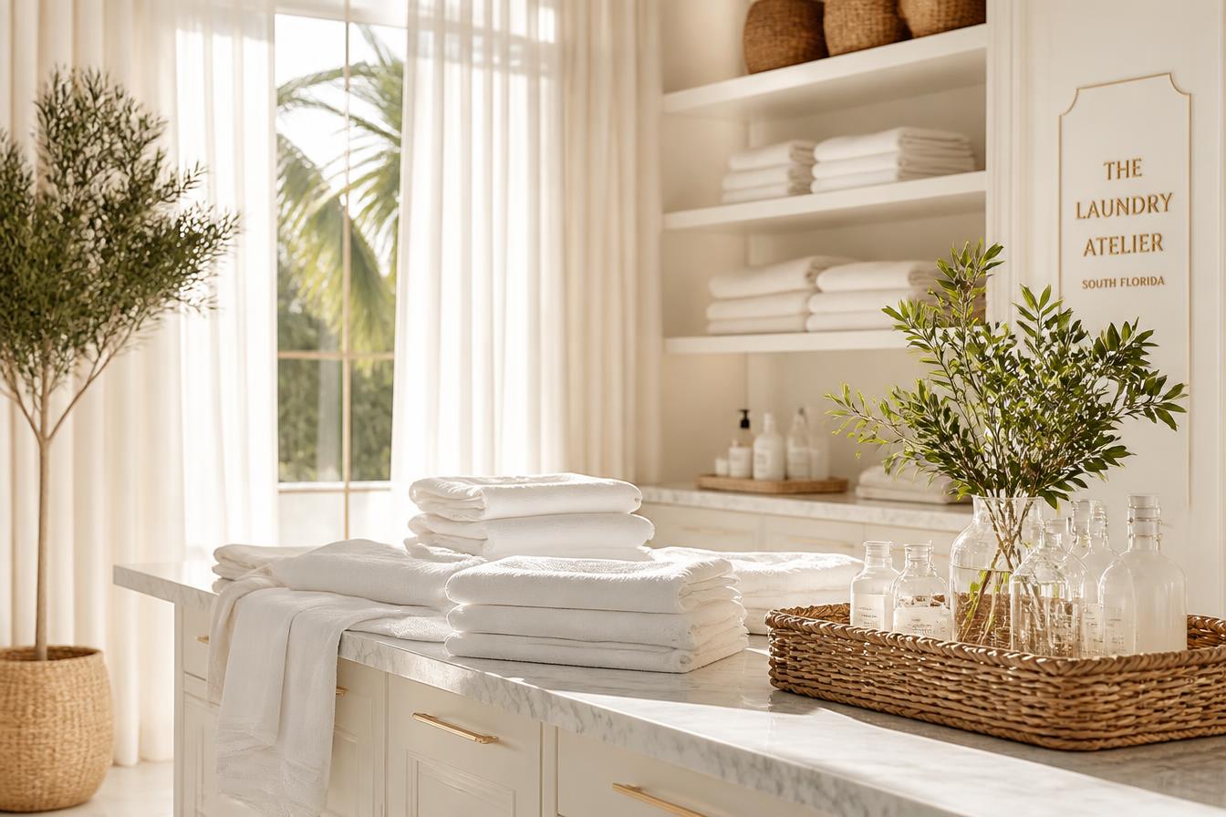 A bright, refined laundry atelier with folded white linens and woven baskets